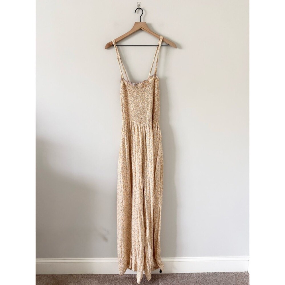 Arula Pale Yellow Floral Jumpsuit Size A Smocked Wide Leg Boho Adjustable Strap